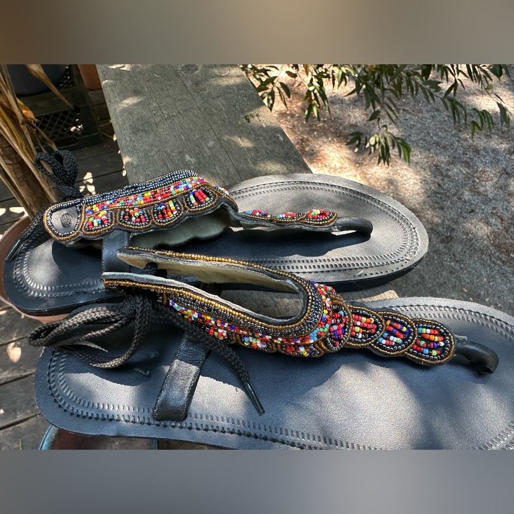 AUTHENTIC Multicolor Beaded Sandals Handmade Masai Kenya Intricate Size 9.5